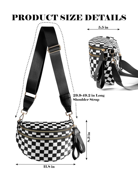 Black and White Checkered Crossbody Bum Bag for Women,Spacious Checkered Purse Fanny Packs Belt Bag Sling Bag with Shoulder Strap (Black and White Checkered)