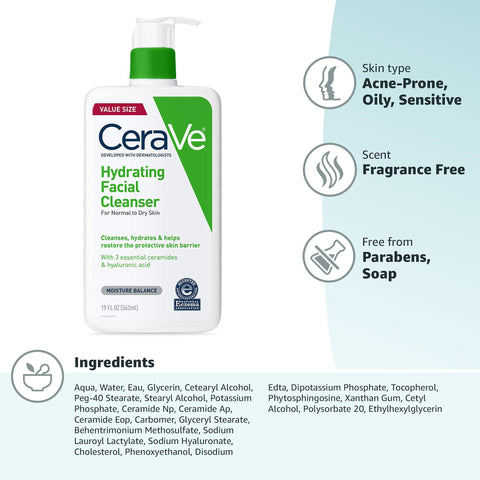 CeraVe Hydrating Facial Cleanser, Moisturizing Face Wash For Dry Skin, Hyaluronic Acid + Ceramides + Glycerin, Hydrating Cleanser For Normal To Dry Skin, National Eczema Association Certified
