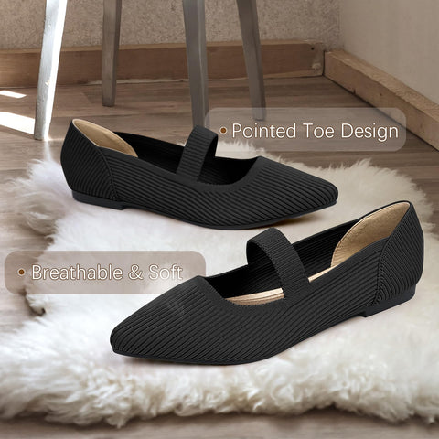TINGRISE Women's Flats Shoes Pointed Toe Knit Washable Ballet Comfortable Dressy Mary Jane Flat Black US8