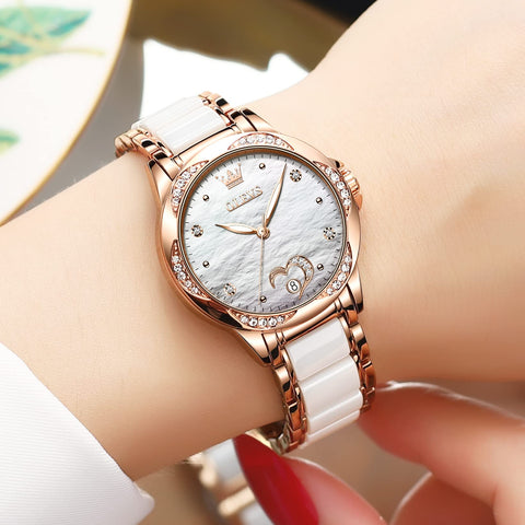 OLEVS Automatic Self Winding Watch for Women Rose Gold Stainless Steel Ceramic Women Wrist Watches Large Face White Heart Diamond Mother of Pearl Waterproof Date Ladies Watch for Women Two Tone OLEVS