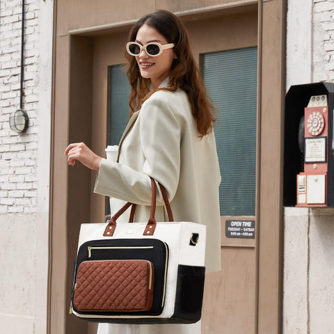 LOVEVOOK Teacher Tote Bag for Women Work, Laptop Bag With Large Cup Holder, Nurse Bags Professional Briefcase Business Computer Purses Handbag, Black-Beige-Brown, 15.6 Inch