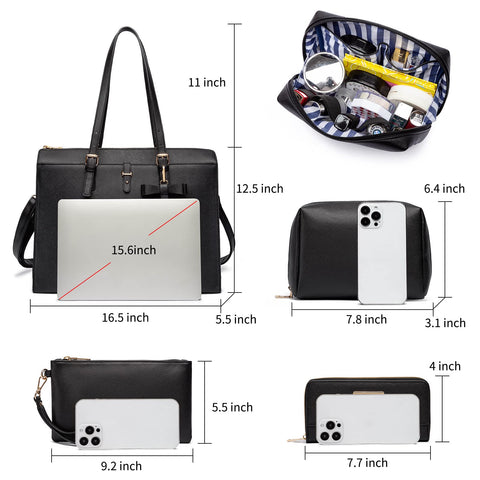 Keyli Laptop Tote Bag for Women Christmas Gifts Waterproof Leather Work Briefcase with Built-in USB Charging Port Computer Shoulder Bags Fits 15.6 Inch, Business Handbag Purse 4pcs Set Black Keyli