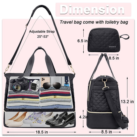 Weitars Gym Bag For Women,Travel Duffel Bag Weekender Bag,Sport Bag With Shoes Compartment And Wet Pocket,Large Carry On Bag Overnight Hospital Bag For Women Travel,Gym,Shopping (Black) Weitars