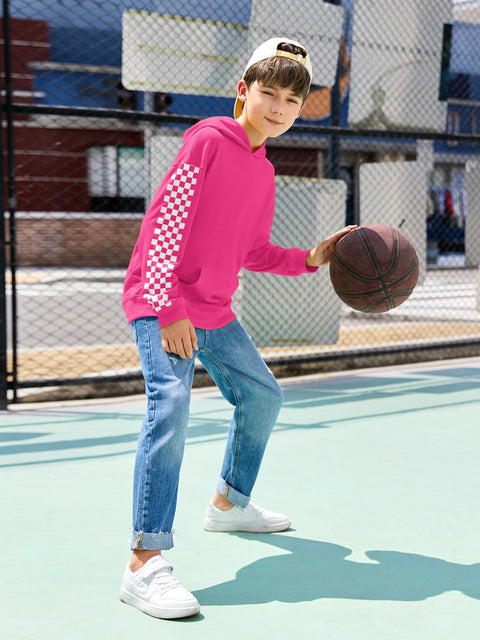 Haloumoning Girls Hoodies Kids Boys Fashion Plaid Long Sleeve Hooded Sweatshirt with Kangaroo Pocket 5-14 Years Hot Pink