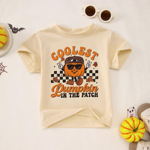 GLIGLITTR Toddler Boy Halloween Shirt Coolest Pumpkin in The Patch Tshirt Kids Spooky Season Short Sleeve Tee Top Fall Outfit(Apricot,4-5T)
