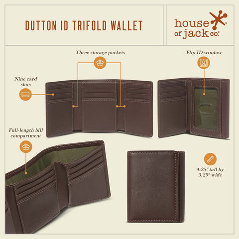 House of Jack Co. Dutton Trifold Wallet with Flip Out ID | RFID Blocking Mens Leather Wallet | Nappa Full Grain Leather House of Jack Co.