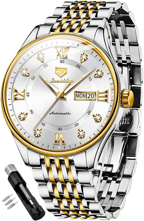 OLEVS Automatic Watches for Mens Luxury Diamond Self Winding Mechanical Dress White Wrist Watch Waterproof Luminous Stainless Steel Day Date OLEVS