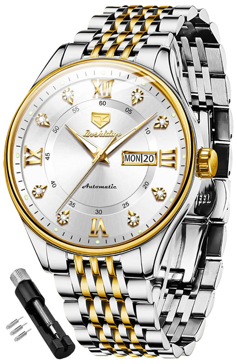 OLEVS Automatic Watches for Mens Luxury Diamond Self Winding Mechanical Dress White Wrist Watch Waterproof Luminous Stainless Steel Day Date OLEVS