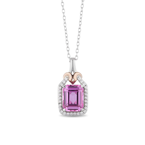 Jewelili Enchanted Disney Fine Jewelry Sterling Silver and 10K Rose Gold 1/6 Cttw Diamond Pink Sapphire Aurora Pendant