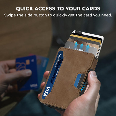 Slim Wallet for Men - Minimalist Mens Wallet with Money Clip, Aluminum Pop Up Card Case and Leather Slots Credit Card Holder RFID Blocking Wallet for Men with Gift Box (Brown) BESSIO