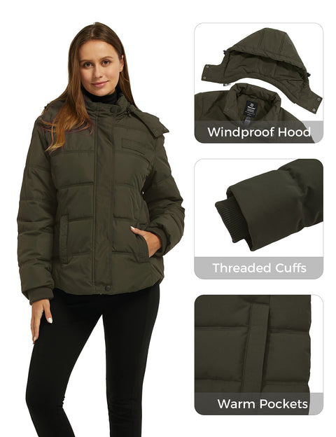 wantdo Women's Hooded Short Padded Winter Coat Warm Puffer Jacket Parka Olive S