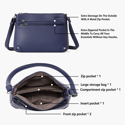 WESTBRONCO Crossbody Bags for Women, Medium Size Shoulder Handbags, Satchel Purse with Multi Zipper Pocket Navy Blue WESTBRONCO