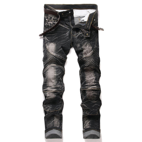 DISLANBO Men's Biker Moto Style Distressed Slim Fit Straight Leg Stretch Denim Jeans Black