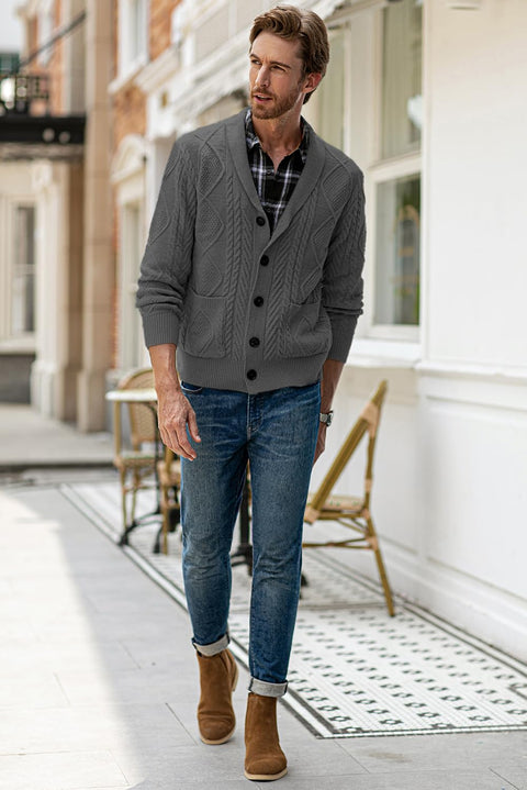 JMIERR Cardigan Sweaters for Men Fall Casual Long Sleeve Shawl Collar Button-Down Wool Blend Cable Christmas Knit Essentials Sweater with Pockets,L,Dark Grey