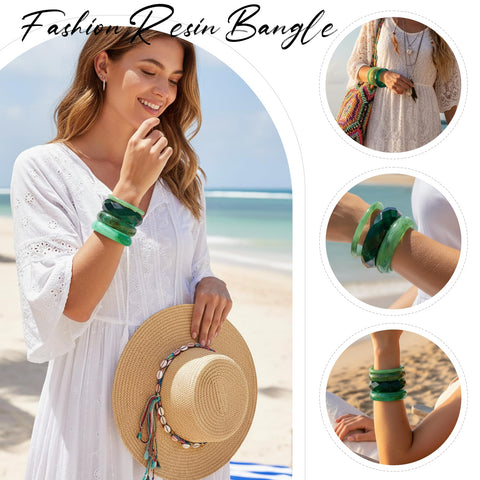 NoctisNest Green Acrylic Resin Bangles Bracelets, 4 Pcs Chunky Boho Geometric Acetate Plate Bracelets Stack, Trendy Resin Statement Wristband Wide Irregular Bangle Set for Women
