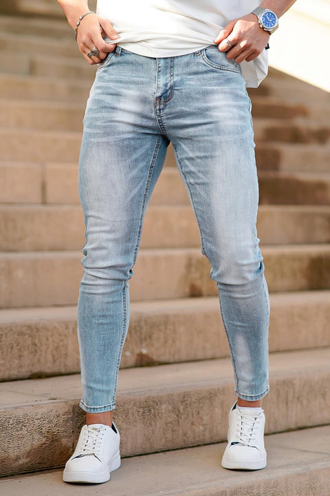 GINGTTO Mens Skinny Jeans Stretch Flex Waist Cotton Denim Pants (Light Blue Retro,32)