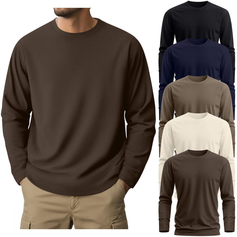 Ficerd 5 Pack Mens Big and Tall Shirts Cotton Long Sleeve Top Loose Casual Basic Shirts Crewneck Oversize Multipack Tee(Coffee, Cream, Khaki, Navy Blue, Black,3X-Large)