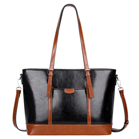 Over Earth Leather Tote Bag for Women Large Leather Handbags Shoulder Work Purses(O187E Black/Brown) Over Earth