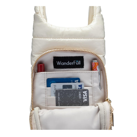 WanderFull Original Crossbody HydroBag | Quilted Water Bottle Carrier | Puffer Tote Tumbler Holder with Pockets for Purse, Phone & Accessories | Carry Travel Essentials (Ivory Gloss) WanderFull