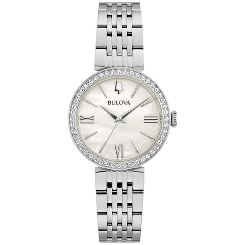 Bulova Ladies' Classic Stainless Steel 3-Hand Quartz Watch, Crystal Accents and White Mother-of-Pearl, 30mm Style: 96L284 Bulova
