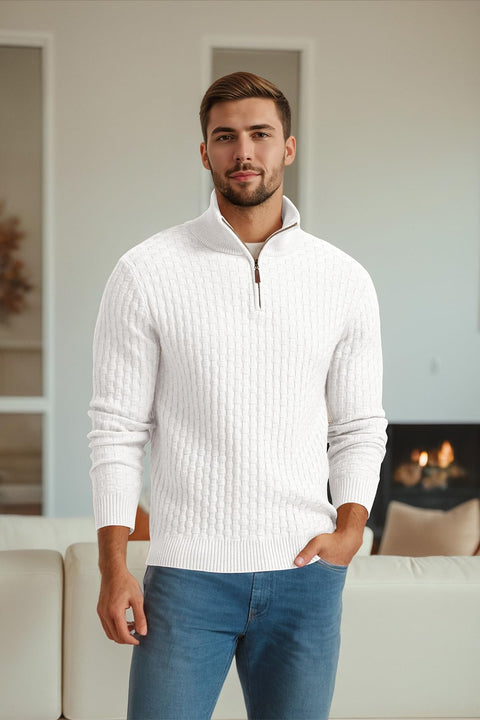 Askdeer Men's Quarter Zip Sweater Waffle Knit Sweater Mock Neck Polo Sweater Soft Casual Pullover Sweater with Ribbing Edge White