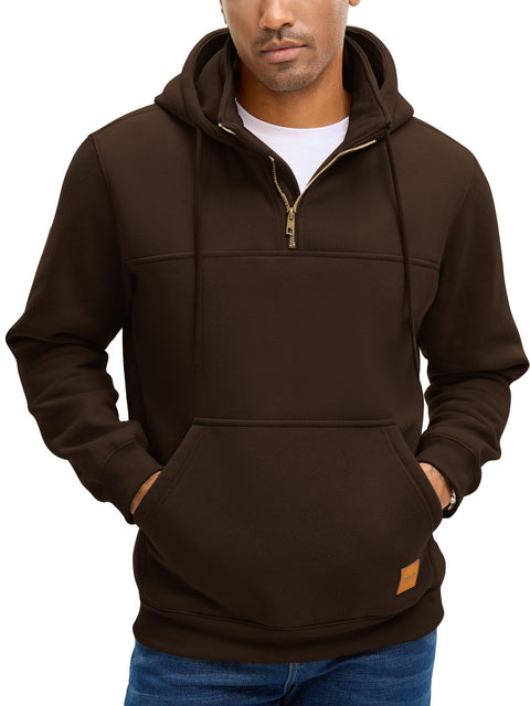 JEMLDL Mens Casual Cotton Hooded Quarter Zip Drawstring Hoodies Fashion Long Sleeve Pullover Sweatshirts Dark Brown US(50) XXL
