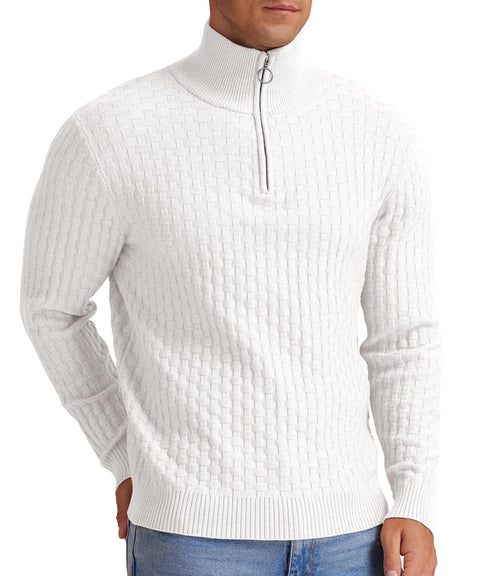 Askdeer Men's Quarter Zip Sweater Waffle Knit Sweater Mock Neck Polo Sweater Soft Casual Pullover Sweater with Ribbing Edge White