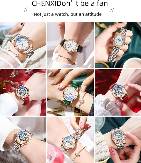 Verhux Elegant Automatic Skeleton Ladies Watches Two Tone Rose Gold and Silver Stainless Steel Waterproof Luminos Womens Wrist Watches