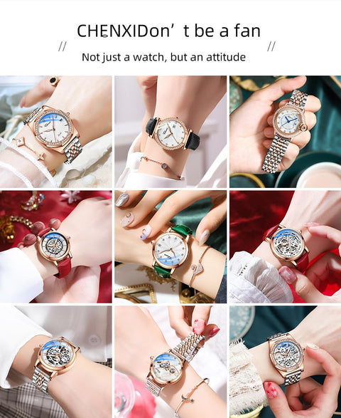 Verhux Elegant Automatic Skeleton Ladies Watches Two Tone Rose Gold and Silver Stainless Steel Waterproof Luminos Womens Wrist Watches