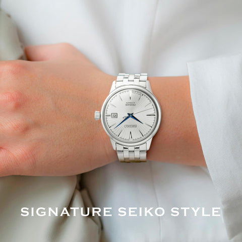 SEIKO SRPB77 Automatic Watch for Men - Presage Cocktail Time - Patterned Silver Dial with Gloss Finish, Date Calendar, 50m Water-Resistant SEIKO