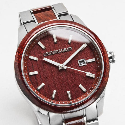 Original Grain Men's Rosewood Silver 43mm Analog Watch | Classic Collection, Brushed Stainless Steel, Adjustable Watch Band | 5ATM Water-Resistant, Scratch-Resistant | Fashion Wrist Watch for Men Original Grain