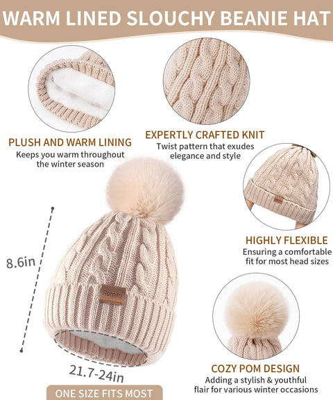 Women Beanie Hat Scarf Gloves Set, 3 PCS Winter Warm Pom Pom Beanie Hat Skull Cap Long Knit Neck Scarf & Touchscreen Gloves Set for Cold Weather, Christmas Holiday Gifts for Mom Wife Friend Sister Her Remifa