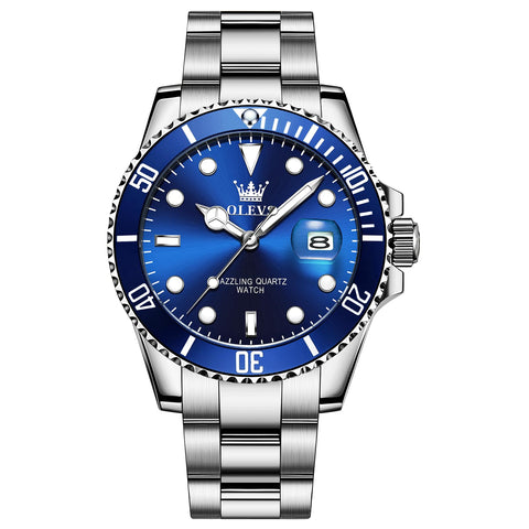 OLEVS Mens Silver Tone Watch Big Face Stainless Steel Band Blue Dial Round Dress Watches for Men Easy to Read Calendar Date Sport Analog Quartz Man Wristwatch Waterproof Luminous Reloj para Hombre