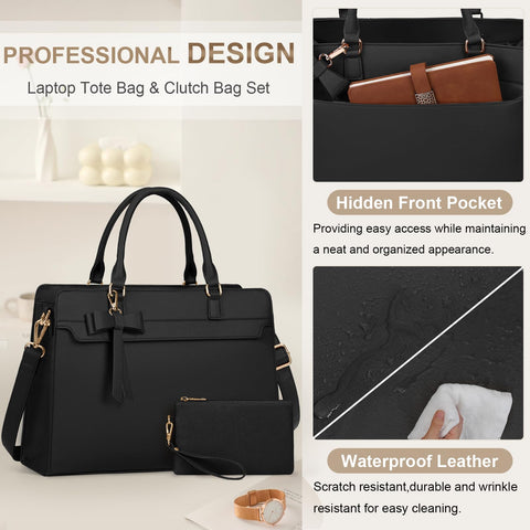 Laptop Bag for Women 15.6 inch Leather Laptop Tote Bag Large Computer Bag Waterproof Business Office Work Bag Briefcase with Satchel Purse 2pcs Set, Black NUBILY