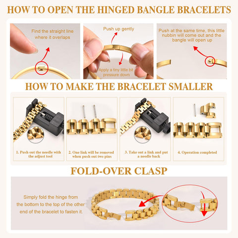 MPRAINBOW 2pcs Gold Chain Link Bracelet - Stainless Steel Love Cubic Zirconia Crystal Friendship Bracelet Bangle,Watch Band Chain Wristband Jewelry with Adjust Tool MPRAINBOW