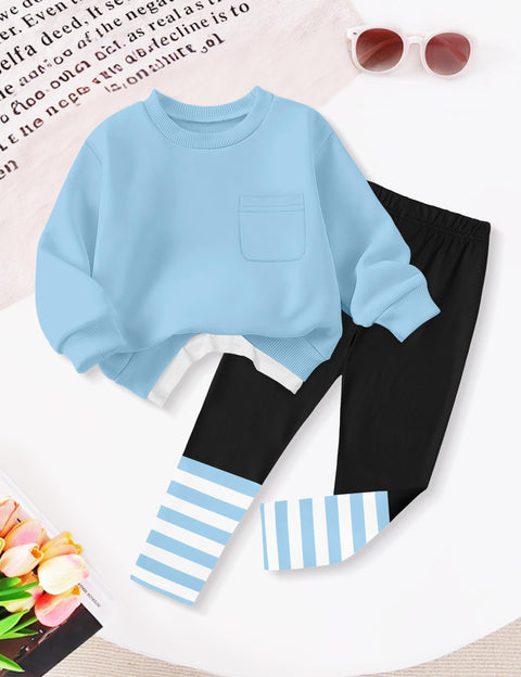 NAPU Toddler Girl Clothes 3T Two Piece Sweatsuit Set 4T Girls Winter Clothes Toddler Outfits for Kids Pullover Blue Long Sleeve Tops + Leggings Fall Outfit Casual Daily Wear