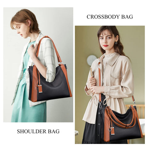 Over Earth Soft Leather Handbags for Women Shoulder Hobo Bag Large Tote Crossbody Bag (O103E Black/Brown) Over Earth
