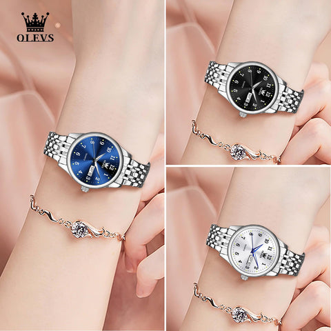 OLEVS Small Women Watch Silver Watches for Women Blue Dial Stainless Steel Easy Read Wrist Watches Day Date Classic Dress Analog Quartz Waterproof Ladies Arabic Numeral Reloj de Mujer