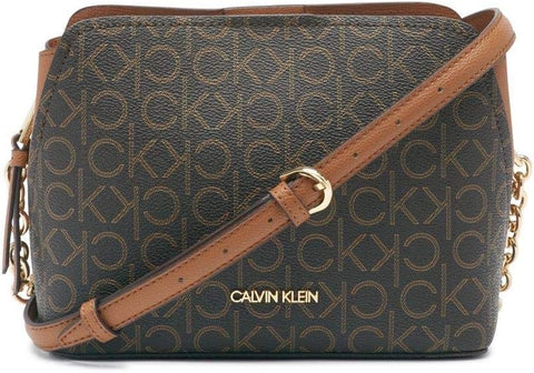 Calvin Klein Hailey Signature Triple Compartment Chain Crossbody, Brown/Khaki/Caramel Linear Calvin Klein