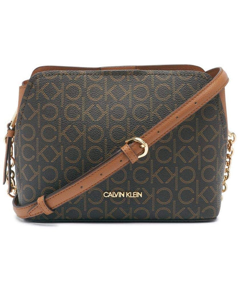 Calvin Klein Hailey Signature Triple Compartment Chain Crossbody, Brown/Khaki/Caramel Linear Calvin Klein