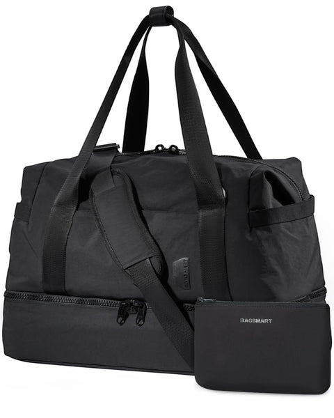 Weekender Bags for Women, BAGSMART Travel Duffel Bags with Shoe Compartment,Personal Item Travel Bag for Airlines, Carry on Overnight Tote Bag with Toiletry Bag (Black) BAGSMART