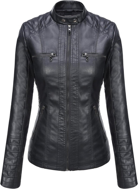 Tanming Women's Removable Hooded Faux Leather Jackets (X-Large, Black) Tanming