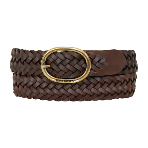 Eddie Bauer Women's Casual Leather Belts with Durable Metal Buckle, Center Bar Woven - Brown, Medium