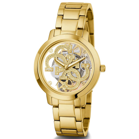 GUESS Ladies Trend Clear 36mm Watch – Glitz Dial with Gold-Tone Stainless Steel Case & Bracelet GUESS