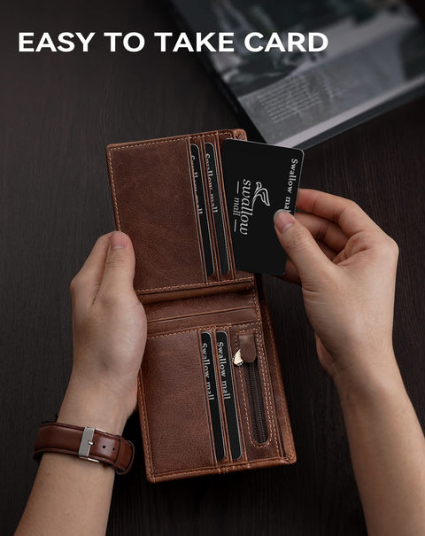 Swallowmall Mens Wallet RFID Blocking Leather Wallets for Men Bifold Wallet with 1 ID Window 15 Card Slots Zip Coin Pocket Swallowmall