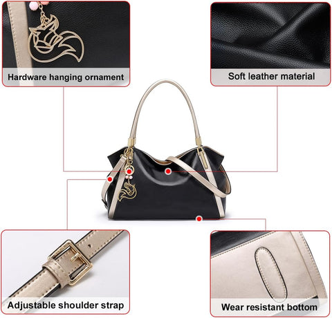 FOXLOVER Top Handle Shoulder Bags for Women Cow Leather Purses Women's Tote Handbags Satchel with Zipper Metal charm（B-Black Without Logo） FOXLOVER