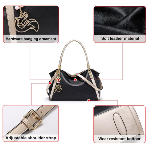 FOXLOVER Top Handle Shoulder Bags for Women Cow Leather Purses Women's Tote Handbags Satchel with Zipper Metal charm（B-Black Without Logo） FOXLOVER