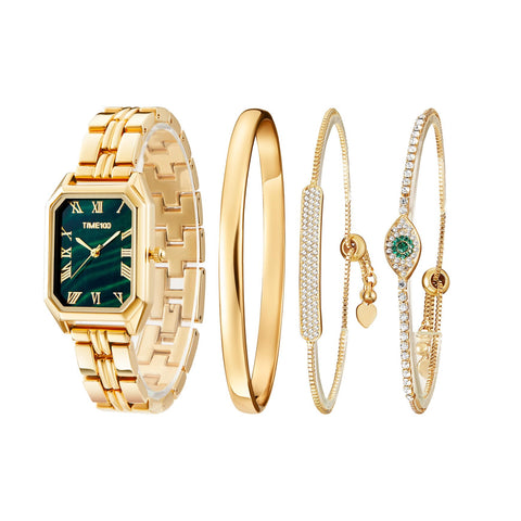 TIME100 Women's Rectangle Bracelet Watch Set Premium Crystal Accented Bangle Watch Golden W50889L TIME100