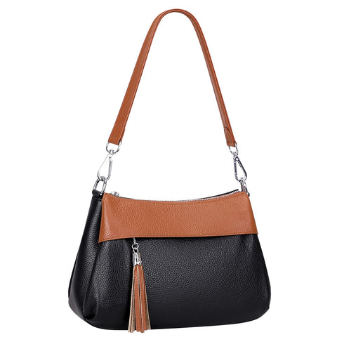 Over Earth Leather Handbags for Women Small Hobo Shoulder Bag Ladies Crossbody Purse(O111-2E Black/Brown) Over Earth