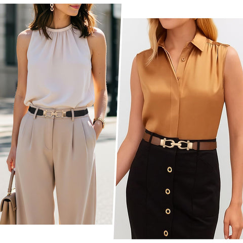 JASGOOD Women Skinny Elastic Belt for Dresses,Thin Retro Stretch Waist Belt with Golden Buckle 3 Pack,Black+Brown+Beige